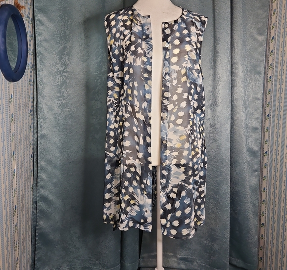 CAbi Blue and White Patterned Scarf/Open Front Sheer Cardigan - Picture 1 of 1
